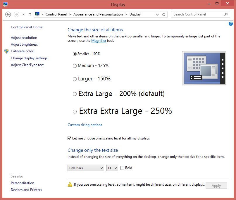 Changing scaling settings in Windows 8