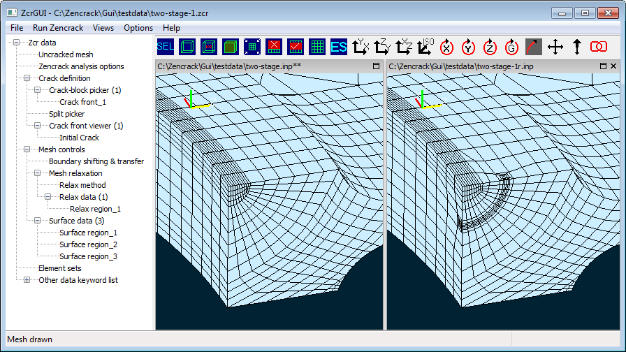 Multi-viewport showing preview of the initial cracked mesh alongside the uncracked mesh
