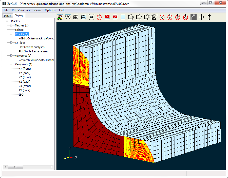 Growth profiles from analysis with NX Nastran superimposed on the uncracked NX Nastran mesh (Zencrack GUI)