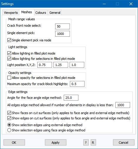Some of the new options on the Settings screen - Meshes tab