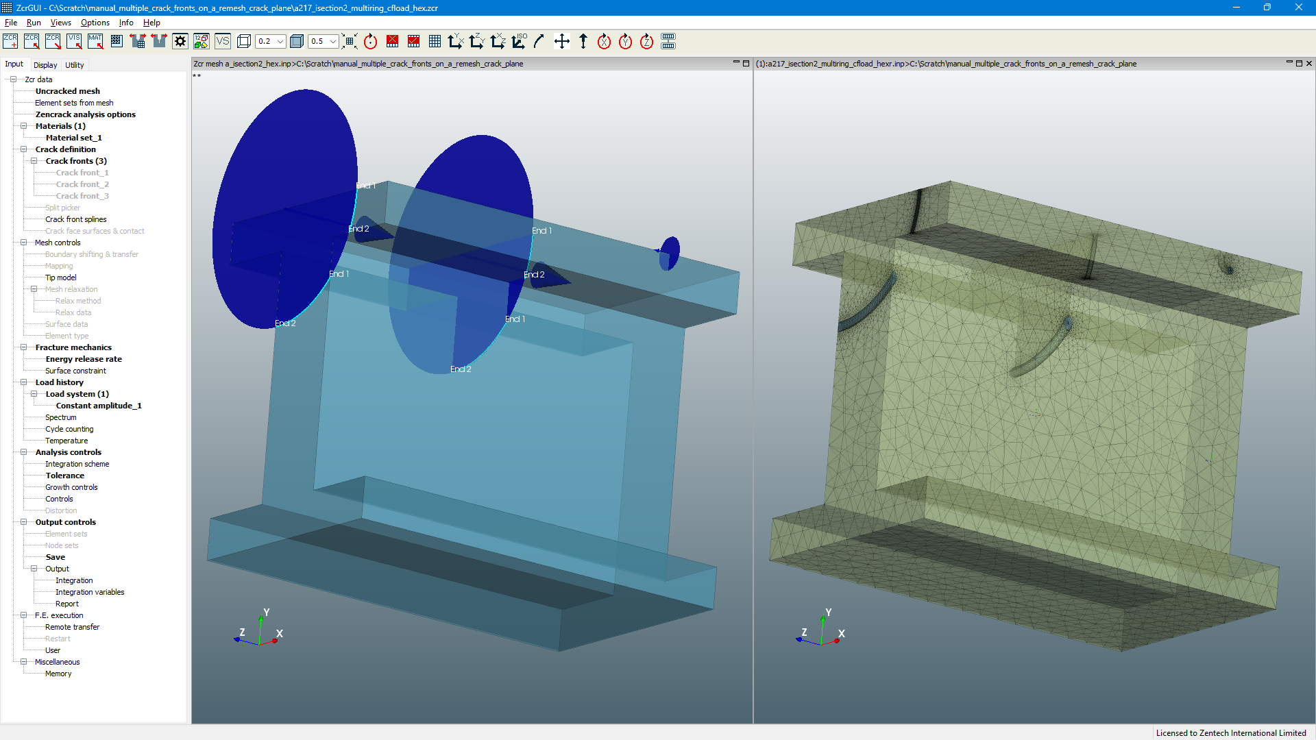 Example with multiple crack planes and crack fronts