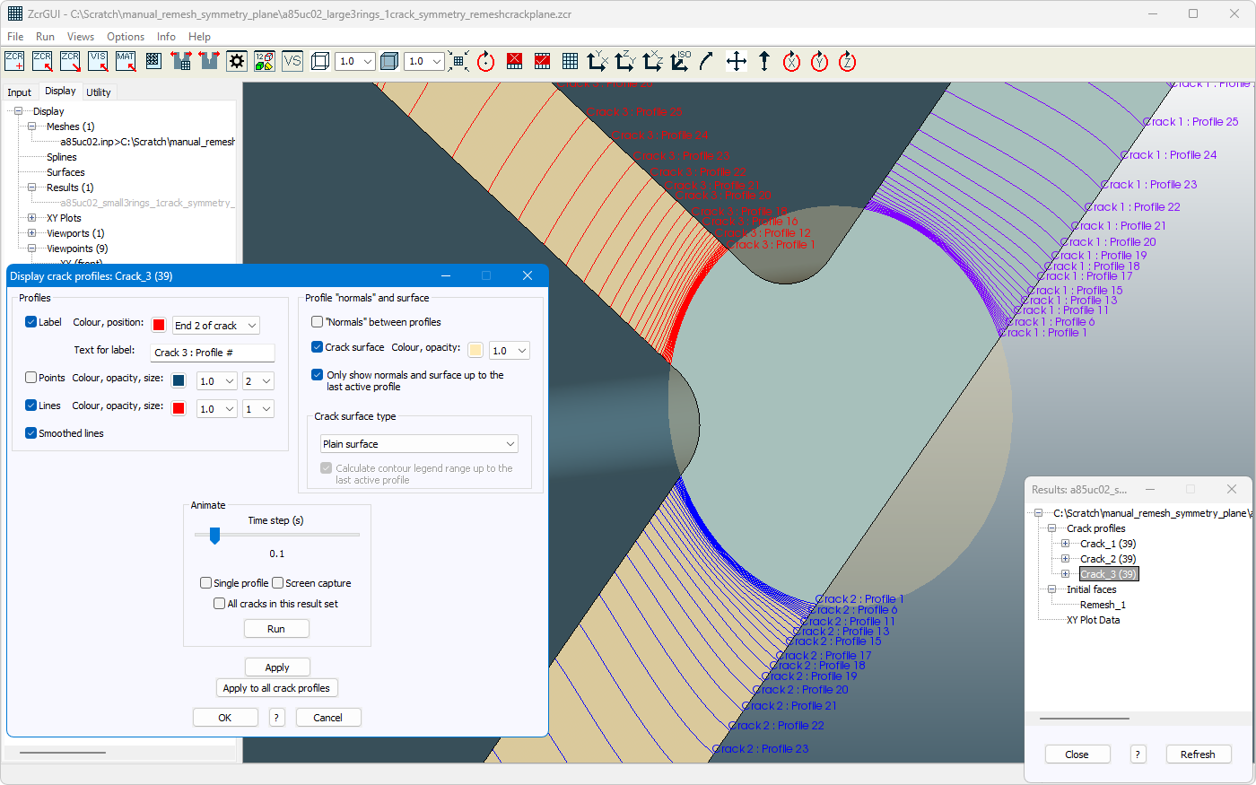 Example of new settings for crack profile label colour, position and text