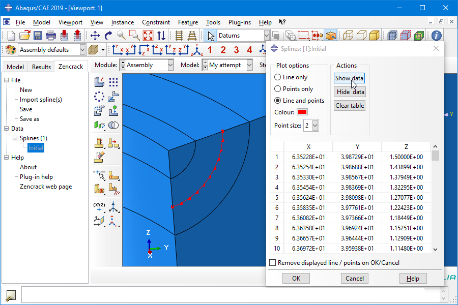 Spline displayed during partitioning and meshing process